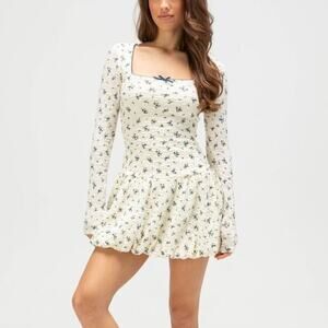 RSQ Rouched Stretch Floral Print Long Sleeve Textured Bubble Dress Mini XS